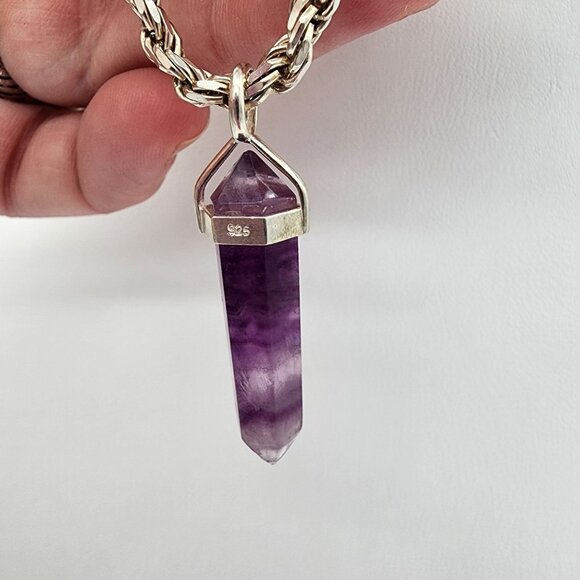 Vintage Italian 925 Sterling Silver Chain Necklace With Amethyst Crystal Pendant - Picture 4 of 10
